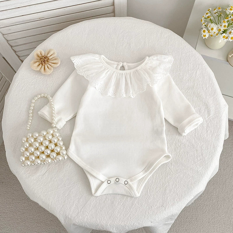 Autumn Arrival Baby Girls Long Sleeves Solid Color White Onesies with Hollow-out Collar, MyKids-USA®, Baby One-Pieces, MyKids-USA - Size/Age - 66 (3-6M) - Color - White -  -  - TR2506231110-A