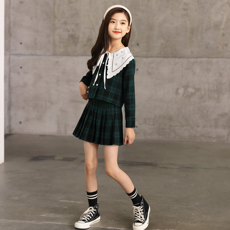Arrival Autumn Kids Girls Long Sleeves Color Patchwork Plaid Top and Skirt Sets