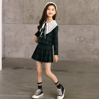 Arrival Autumn Kids Girls Long Sleeves Color Patchwork Plaid Top and Skirt Sets
