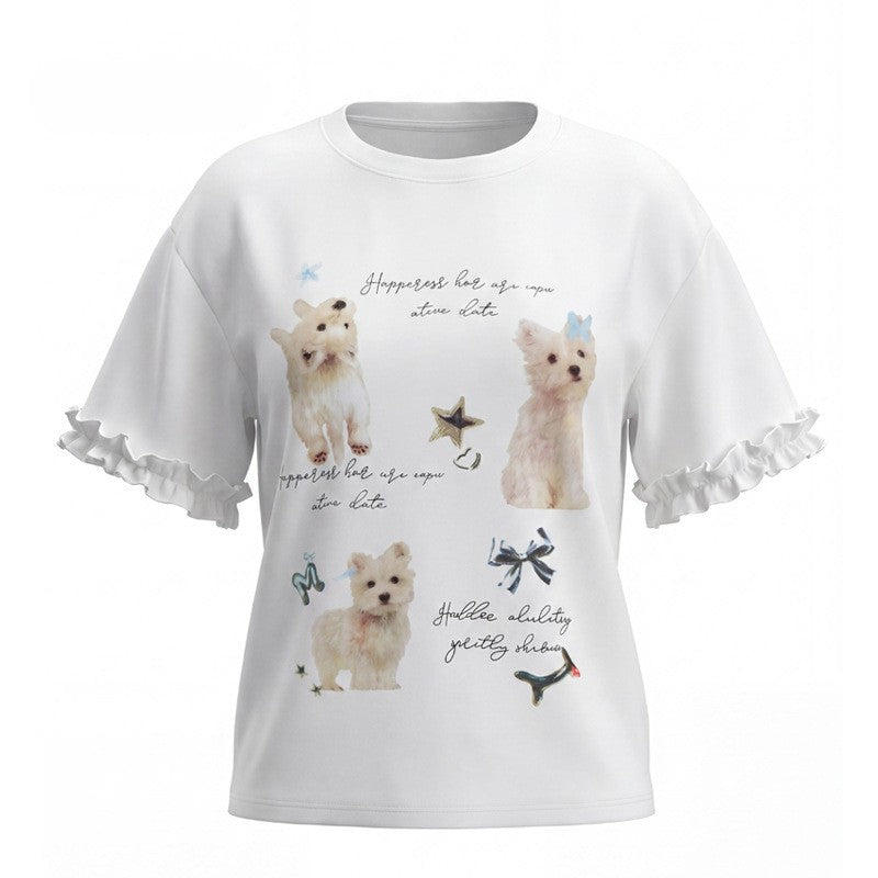 Arrival Summer Baby Kids Girls Short Sleeves Puppy Pattern T-Shirt and Blue Pants Sets