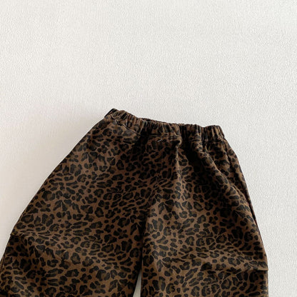 Spring and Autumn Baby Kids Girls Long Sleeves Cartoon Pattern Pullover and Leopard Pattern Pants 2-piece Clothing Set