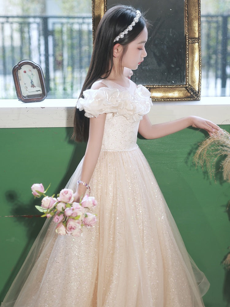 Champagne Tulle Hostess One-Shoulder Evening Gown For Girls: Perfect Attire For Piano Performances