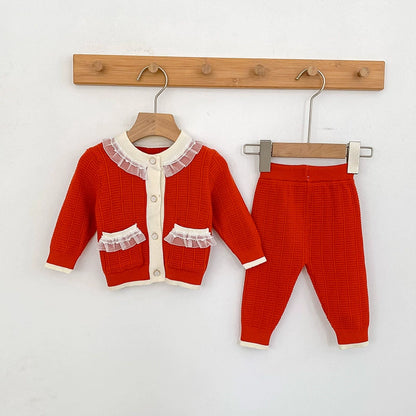 Arrival Autumn Baby Girls Long Sleeves Color Patchwork Knitted Top Cardigan and Long Trousers Clothing Set, MyKids-USA®, Baby & Toddler Outfits, MyKids-USA - Size/Age - 66 (3-6M) - Color - Red -  -  - TR2506282318-B