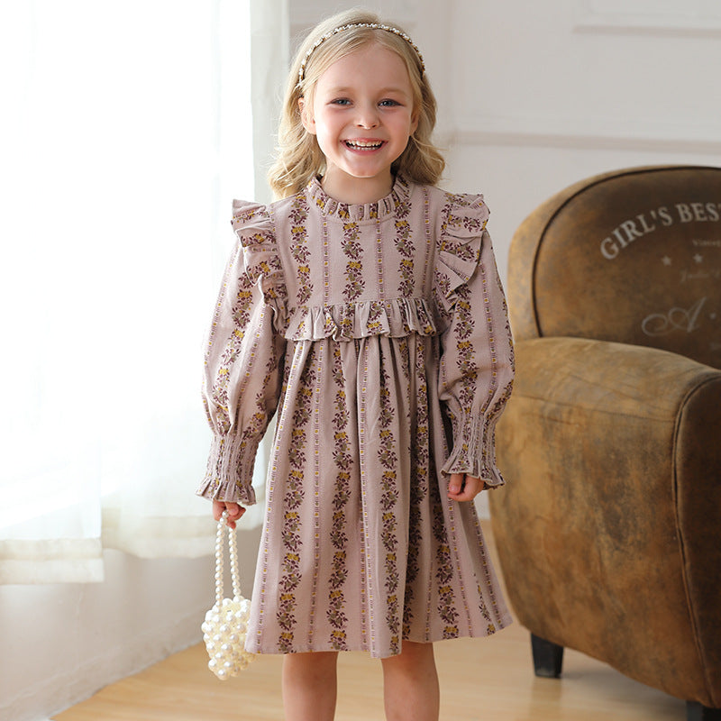 Spring and Autumn French Print Ruffle Stand Collar Long-sleeved Dress for Stylish Girls, MyKids-USA®, Baby & Toddler Dresses, MyKids-USA -  -  -  -  -  -  - 
