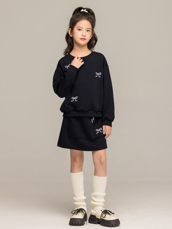 Arrival Autumn Kids Girls Long Sleeves Butterfly-bows Pattern Pullover and Skirt Sets