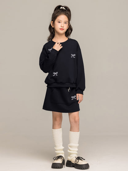 Arrival Autumn Kids Girls Long Sleeves Butterfly-bows Pattern Pullover and Skirt Sets