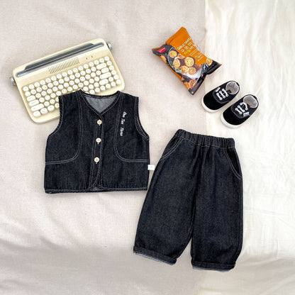 MyKids-USA® Hot Selling Autumn Baby Kids Boys Long Sleeves Dots Pattern Top, Denim Vest and Jeans Set