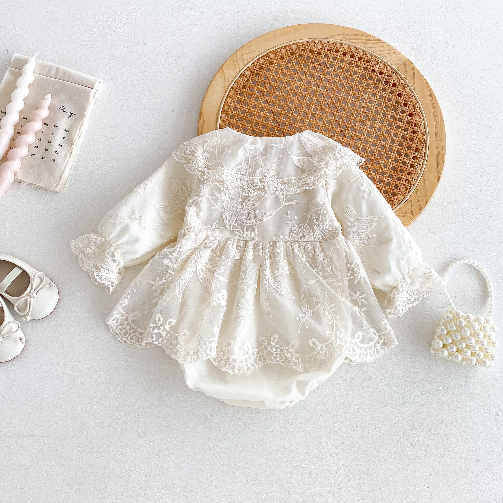 Autumn Arrival Baby Girls Long Sleeves Beige Embroidery bodysuit Dress MyKids-USA Autumn Arrival Baby Girls Long Sleeves Beige Embroidery bodysuit Dress MyKids-USA