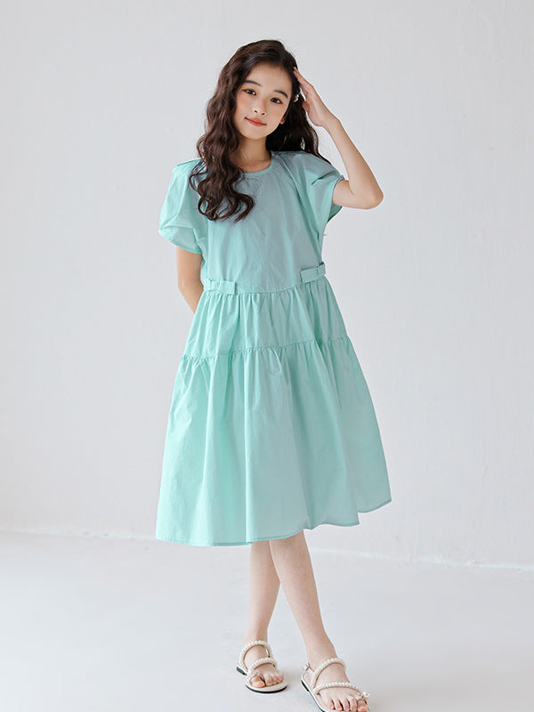 Hot Selling Summer Kids Girls Simple Style Solid Color Plain Cotton Short Sleeves Green Dress - 120 (5-7Y) / Green Hot Selling Summer Kids Girls Simple Style Solid Color Plain Cotton Short Sleeves Green Dress - 120 (5-7Y) / Green