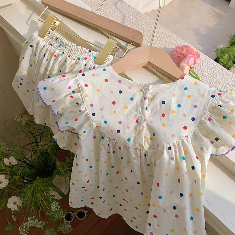 Summer Baby Kids Girls Floral Embroidery Colorful Dots Fly Sleeves T-Shirt And Shorts Clothing Set