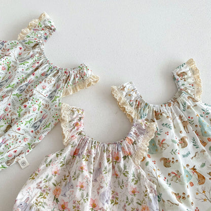 Summer New Arrival Baby Girls Floral Animals Print Sleeveless Strap Onesies