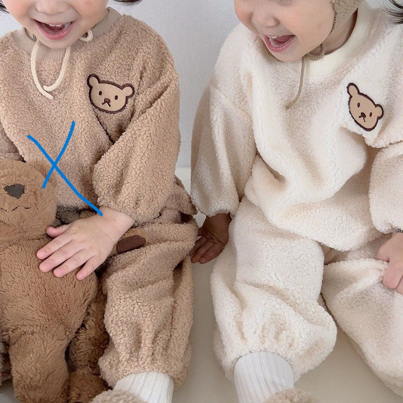 Winter Baby Kids Unisex Long Sleeves Casual Fluffy Teddy Bear Pattern Pullover and Pants Clothing Set