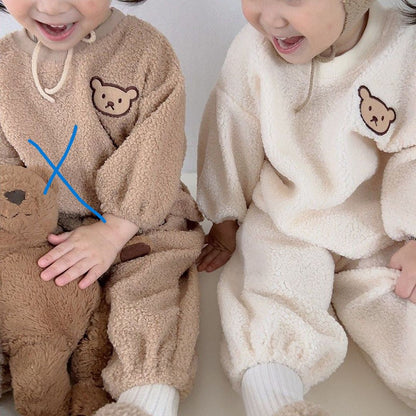 Winter Baby Kids Unisex Long Sleeves Casual Fluffy Teddy Bear Pattern Pullover and Pants Clothing Set