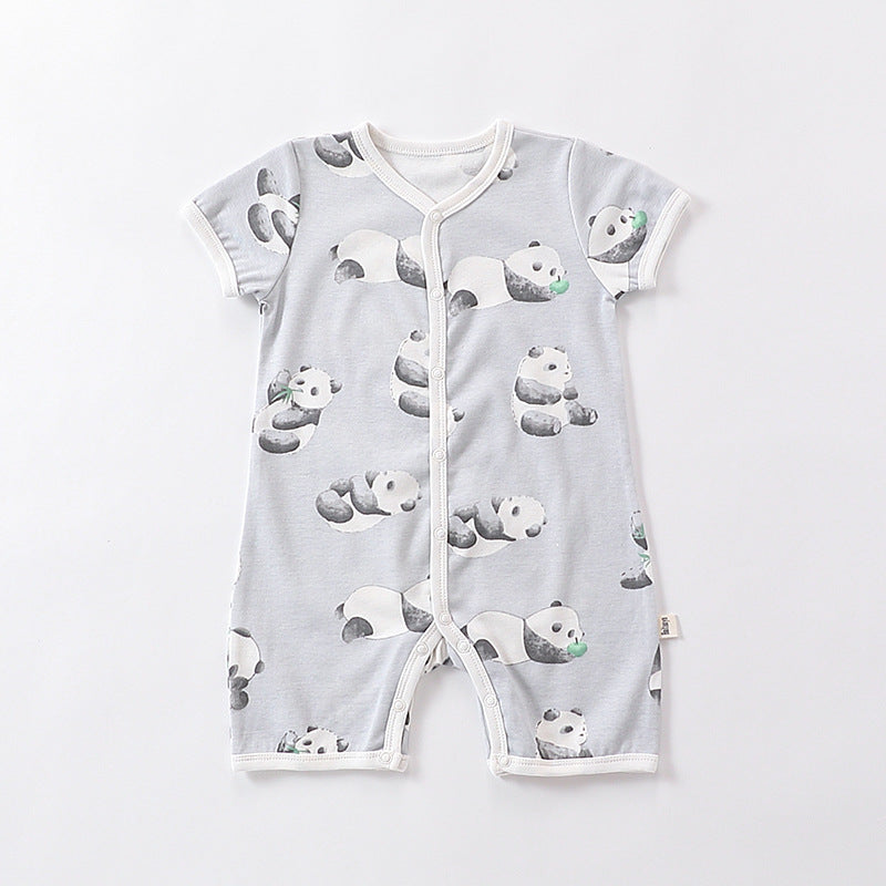 Summer Baby Boys And Girls Cartoon Print Short Sleeves Button Open Front Romper