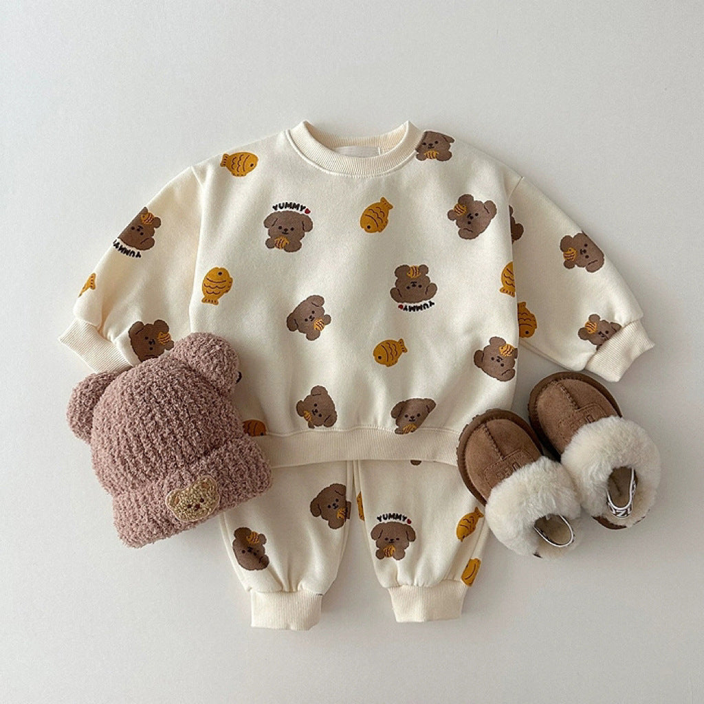 Unisex Baby And Kids Apricot Animals Cartoon Top And Pants Casual Home Clothing Set