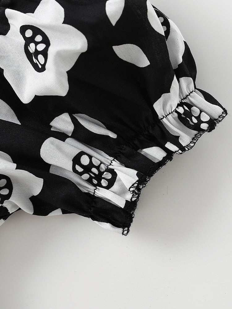 Summer Baby Kids Girls Short Sleeves Flowers Pattern Square Neck Dress