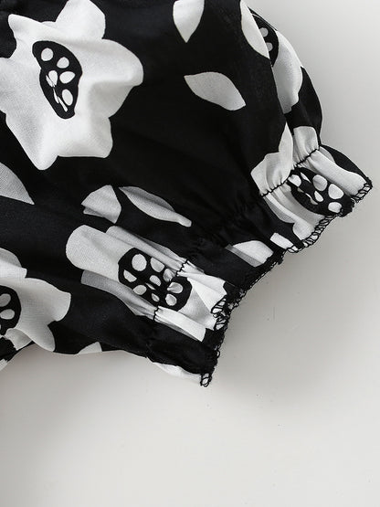 Summer Baby Kids Girls Short Sleeves Flowers Pattern Square Neck Dress