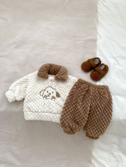 Winter Baby Thick Thermal Long Sleeve Lovely Dog Cartoon Pattern Sweater And Pants Two Pieces Sets