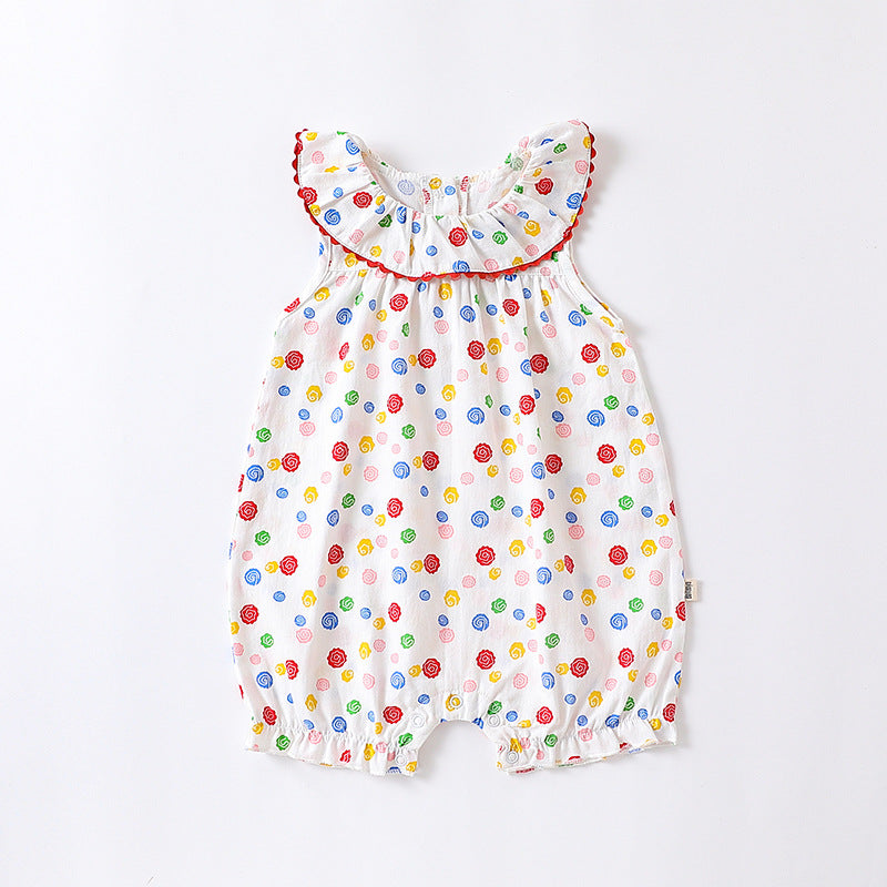 Baby Floral Pattern Ruffle Neck Sleeveless Rompers