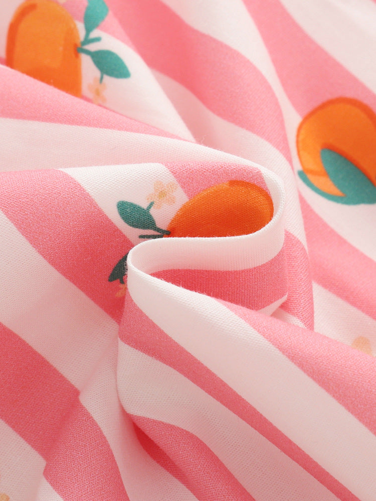 Summer Hot Selling Cute Fruits and Striped Pattern Short Sleeves Dress for Stylish Girls