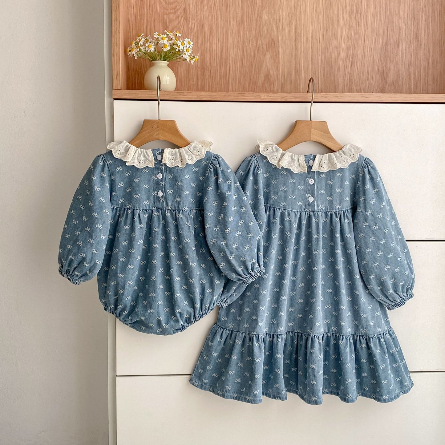 MyKids-USA® Autumn Baby Girls Denim Long-sleeved Onesies and Dress – Princess Sister Matching Set