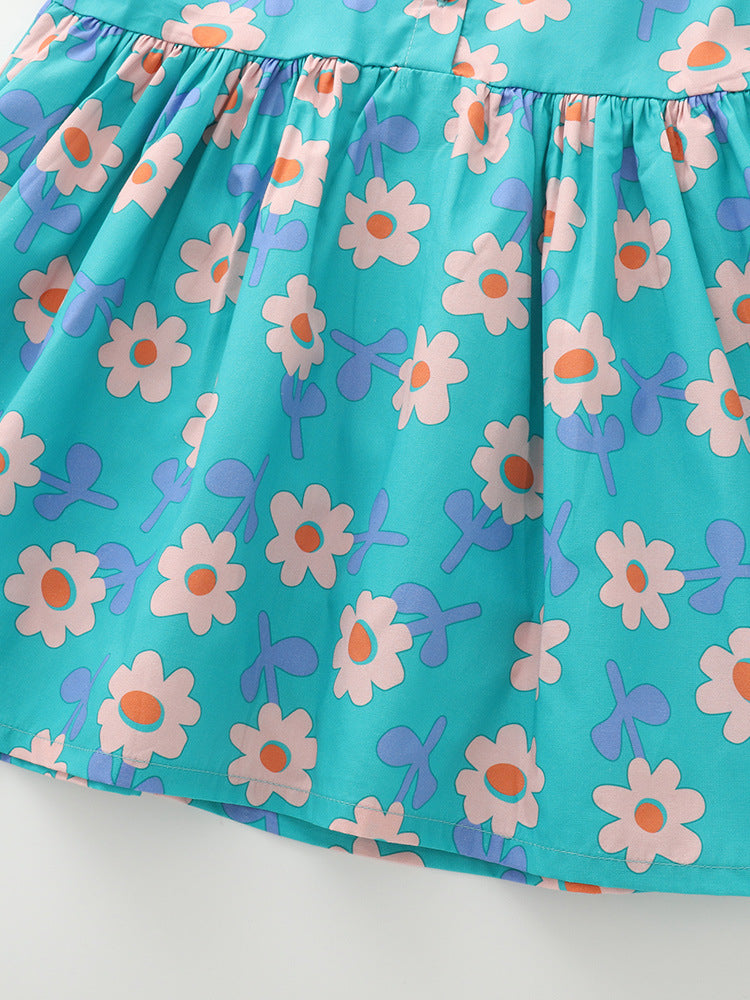 Summer Hot Selling Cute Flowers Pattern Short Sleeves Dress for Stylish Girls