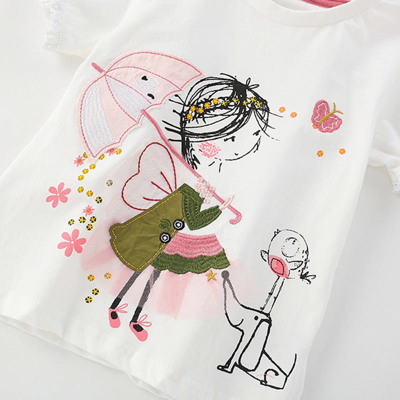 Summer Girls’ Cartoon and Flowers Pattern T-shirt in European and American Style, MyKids-USA®, Baby & Toddler Tops, MyKids-USA -  -  -  -  -  -  - 