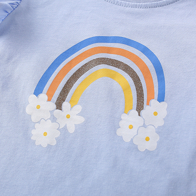 Summer Baby Kids Girls Floral Rainbow Print T-Shirt And Shorts Clothing Set