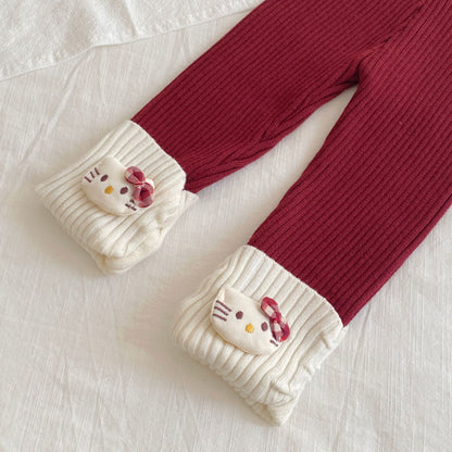 Winter and Spring Baby Kids Girls Long Sleeves Color Patchwork Pullover and Cartoon Pattern Pants Knitted Clothing Set