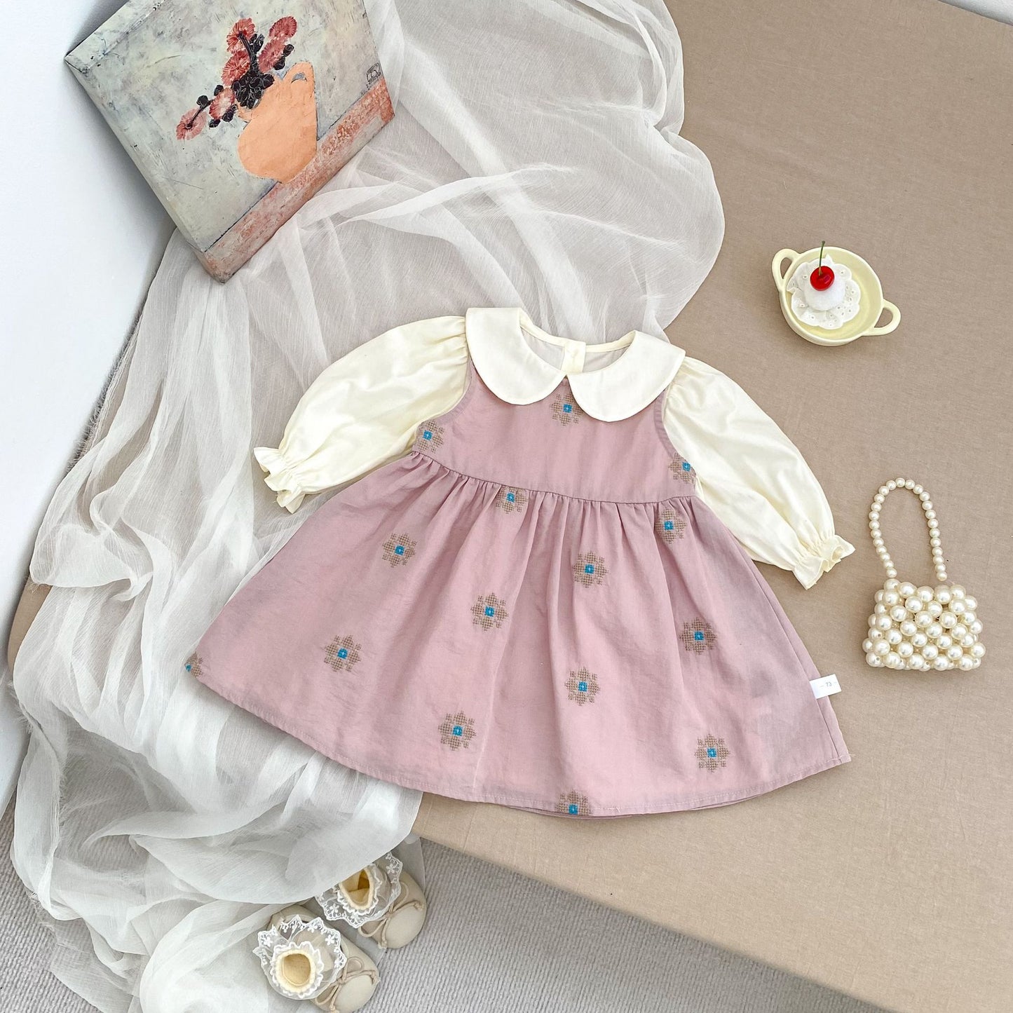 MyKids-USA® Arrival Autumn Baby Kids Girls Long Sleeves Apricot Dress and Flowers Embroidered Sleeveless Dress Clothing Set