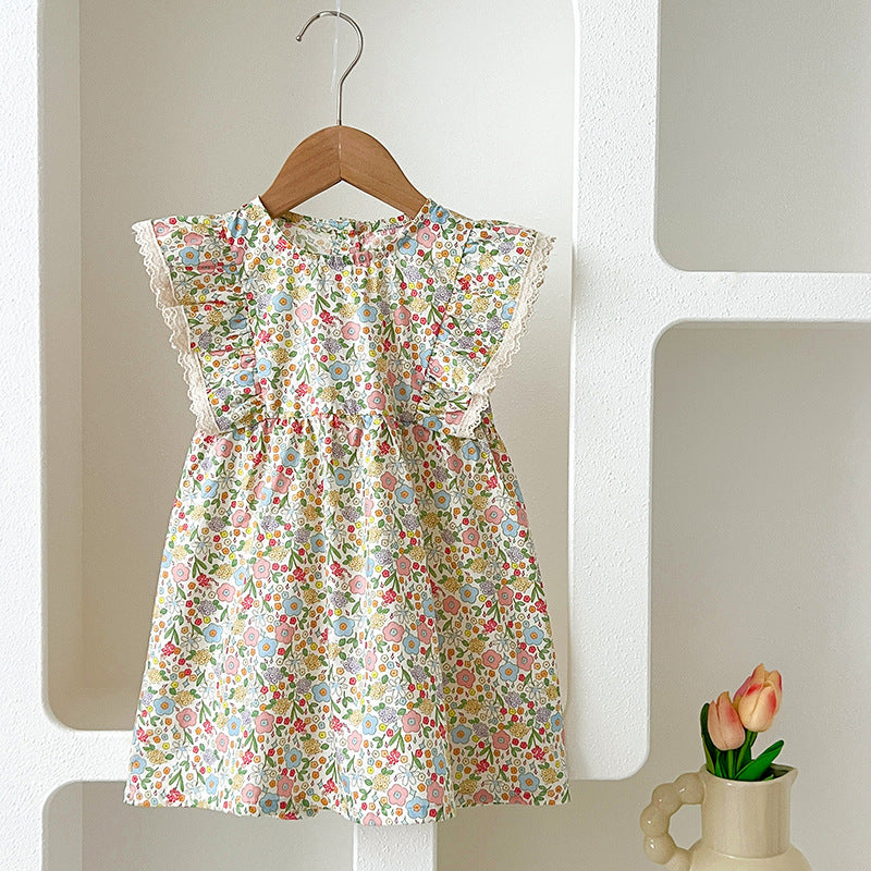 Summer Girls Flowers Pattern Lace Trim Fly Sleeves Onesies and Dress – Princess Sister Matching Set, MyKids-USA®, Baby & Children's Outfits, MyKids-USA - Size/Age - 66 (3-6M) - Color - Light Yellow -  -  - TR2604082332-B.