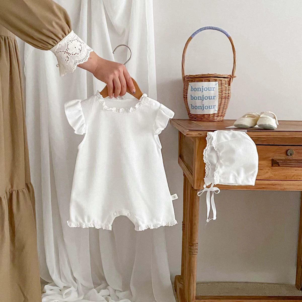 Summer Arrival Baby Girls Solid Color Short Sleeves Ruffle Neck Rompers, MyKids-USA®, Baby One-Pieces, MyKids-USA - Size/Age - 66 (3-6M) - Color - Beige -  -  - TR2505292225-B