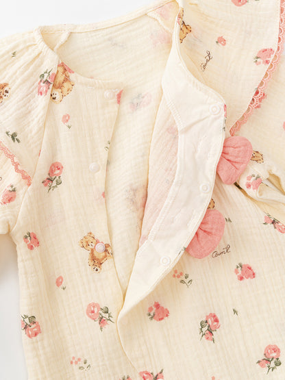 Autumn Arrival Baby Girls Flowers and Teddy Pattern Butterfly Bows Attached Romper, MyKids-USA®, Baby One-Pieces, MyKids-USA -  -  -  -  -  -  - 