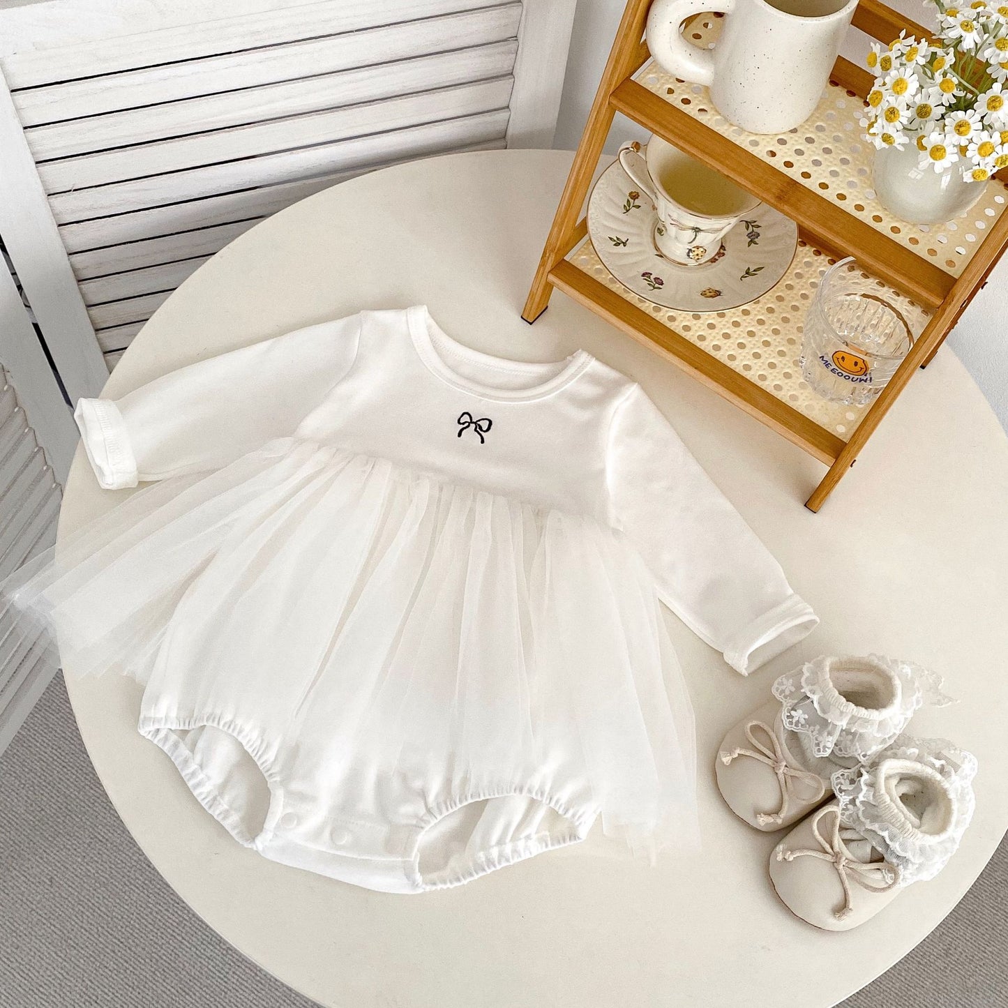 Spring Arrival Baby Girls Long Sleeves Crew Neck Onesies Bodysuits Tulle Patchwork Dress, MyKids-USA®, Baby One-Pieces, MyKids-USA -  -  -  -  -  -  - 