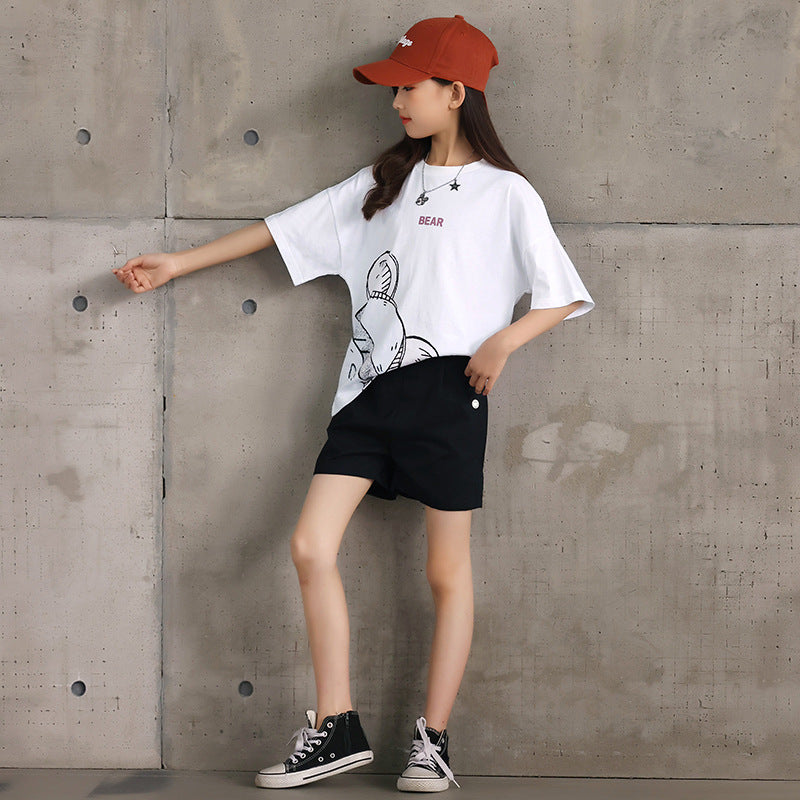 Summer Cheap Girls Abstract Teddy Print Short Sleeves T-Shirt And Smiling Face Logo Shorts Clothing Set