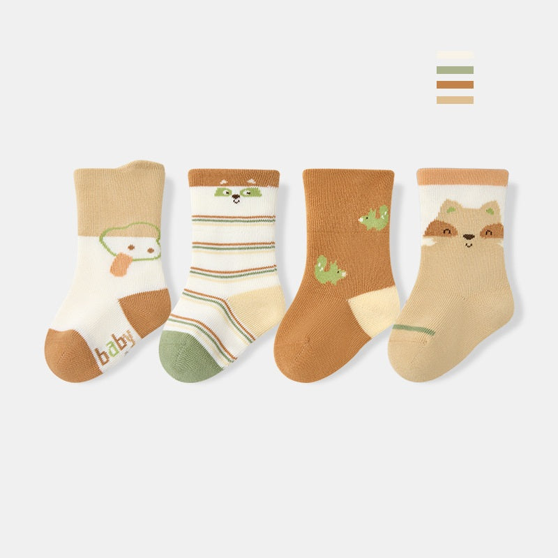 Autumn and Spring Arrival Baby Unisex Breathable Cute Cartoon Pattern Socks 1 Lot=4-Pair Set, MyKids-USA®, Baby & Toddler Socks & Tights, MyKids-USA - Size/Age - XS (0-6M) - Color - Brown -  -  - TR2511192247-C