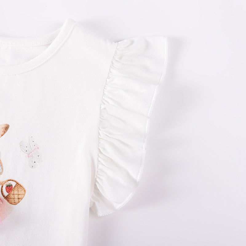 Summer Hot Selling Baby Kids Girls Fly Sleeves Cartoon Pattern T-shirt and Pants Clothing Set