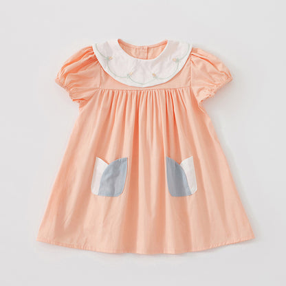 Summer Kids Girls Casual Style Floral Embroidered Collar Short Sleeves Dress, MyKids-USA®, Baby & Toddler Dresses, MyKids-USA - Size/Age - 90 (12-24M) - Color - Orange -  -  - TR2404011754-B