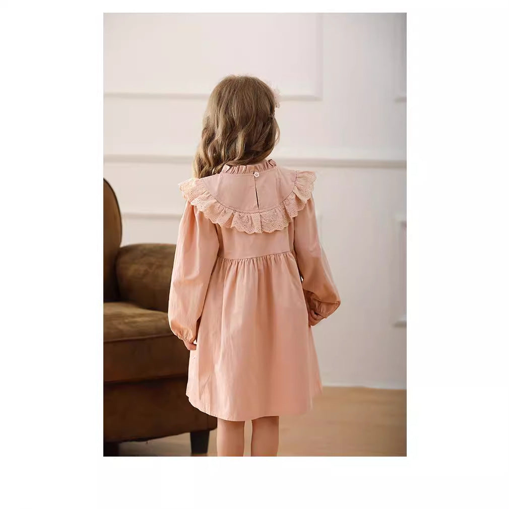 Design Autumn Girls Flower Embroidery Ruffle Neck Long Sleeves French Style Dress 140 (8-10Y) / Pink Design Autumn Girls Flower Embroidery Ruffle Neck Long Sleeves French Style Dress 140 (8-10Y) / Pink