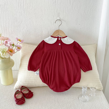 Autumn Hot Selling Baby Girls Red Long Sleeves Onesies Bodysuits with Rabbit and Flowers Embroidered Collar, MyKids-USA®, Baby One-Pieces, MyKids-USA -  -  -  -  -  -  - 
