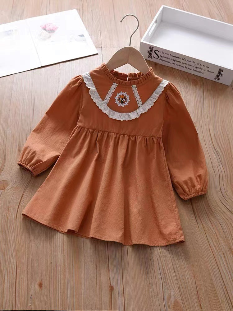 Autumn Kids Girls Simple Long Sleeves Ruffle Neck Floral Embroidery Dress