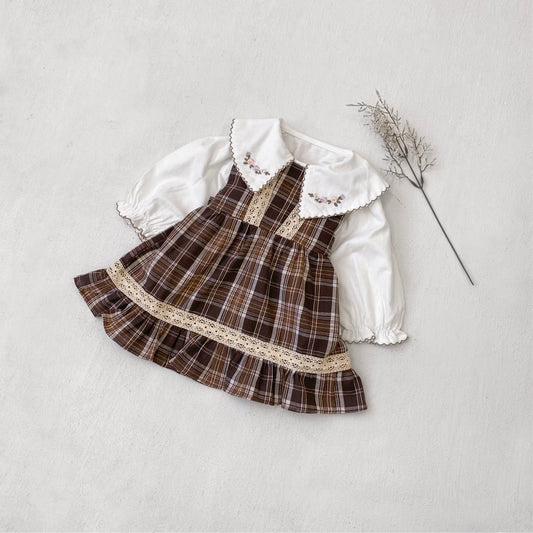 MyKids-USA® Spring and Autumn Baby Kids Girls Long Sleeves Embroidered Shirt and Sleeveless Plaid Dress Clothing Set