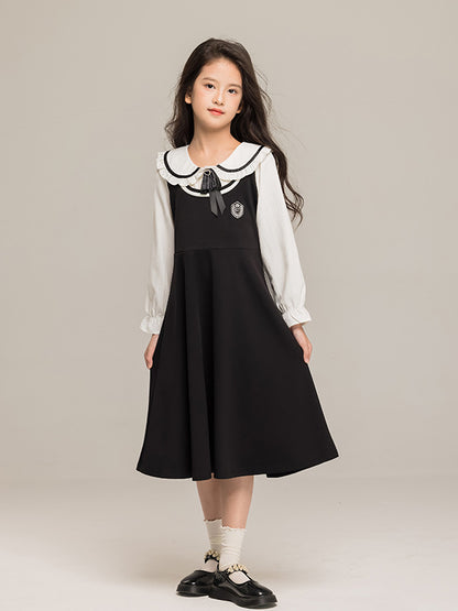 Arrival Autumn Kids Girls Long Sleeves Peter Pan Collar Shirt and Preppy Sleeveless Dress Sets