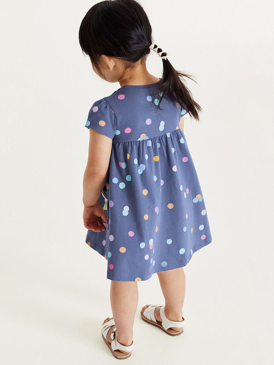 Spring And Summer Baby Girls Short Sleeves Polka Dots Dress With Unicorn Pocket