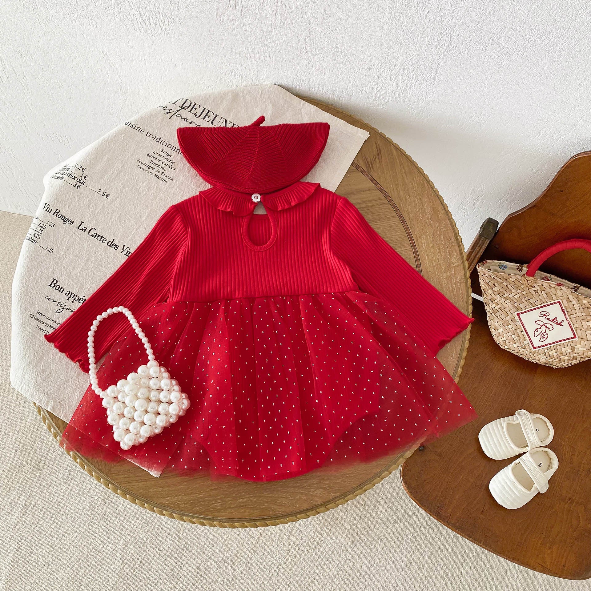 Spring Design Baby Red Long Sleeves Mesh bodysuit Dress For Girls 66 (3-6M) / Red Spring Design Baby Red Long Sleeves Mesh bodysuit Dress For Girls 66 (3-6M) / Red