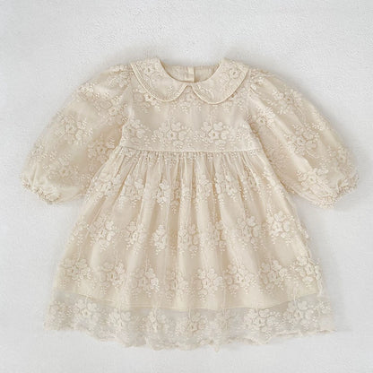 Baby Girls Flowers Pattern Long-sleeved Onesies and Dress – Princess Sister Matching Set with Collar, MyKids-USA®, Baby & Toddler Dresses, MyKids-USA - Size/Age - 66 (3-6M) - Color - Beige -  -  - TR2509012043-B