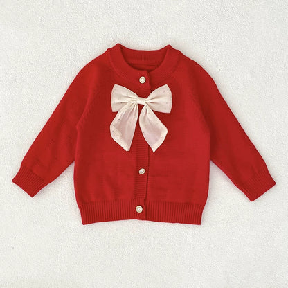 Autumn Arrival Baby Girls Comfortable Butterfly-bow Decorated Knitted Long Sleeves Cardigan, MyKids-USA®, Cardigans, MyKids-USA - Size/Age - 73 (6-9M) - Color - Red -  -  - TR2507272244-D