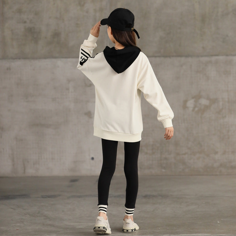 Arrival Autumn Kids Girls Long Sleeves Color Patchwork Hoodie and Black Pants Sets