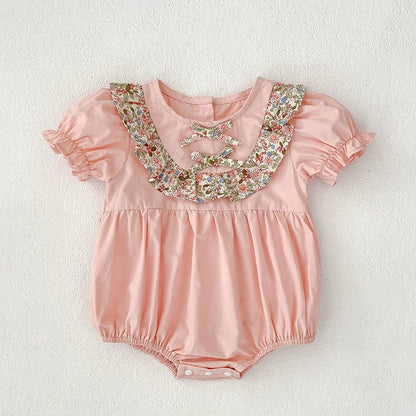 Summer Baby Girls French-style Flowers Pattern Short Sleeves Color Patchwork Onesies and Dress – Princess Sister Matching Set, MyKids-USA®, Baby & Toddler Dresses, MyKids-USA - Size/Age - 66 (3-6M) - Color - Pink -  -  - TR2506032103-B