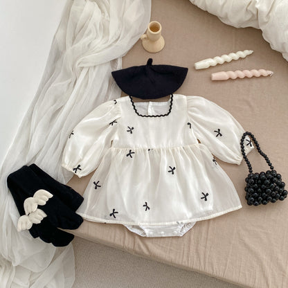 Autumn Bows Pattern Embroidery Design Long Sleeve Square Neck Onesies Dress for Girls, MyKids-USA®, Baby & Toddler Dresses, MyKids-USA - Size/Age - 66 (3-6M) - Color - White -  -  - TR2408100849-A